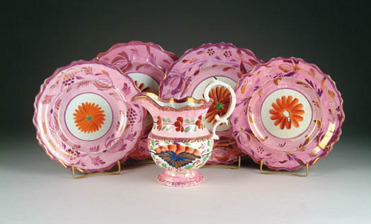 Appraisal: FIVE PIECES OF DECORATED PINK LUSTRE TABLEWARE Lot includes h