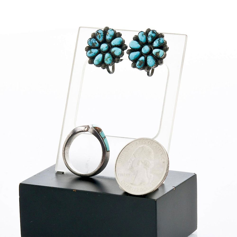 Appraisal: NATIVE AMERICAN SILVER TURQUOISE EARRING SILVER RING Ring S earrings