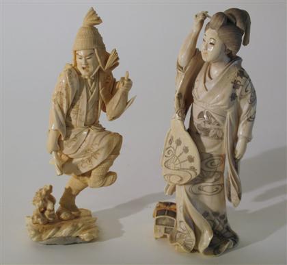 Appraisal: Two Japanese elephant ivory okimonoComprising a Beijin and fisherman