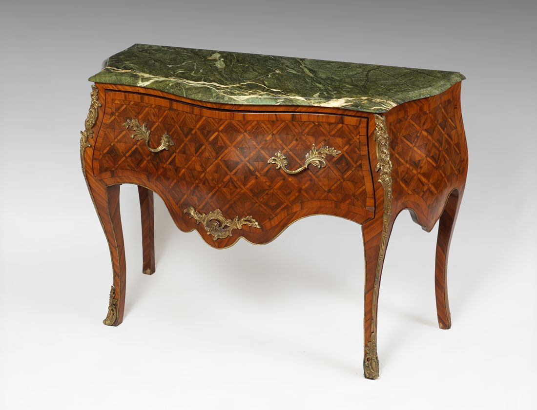 Appraisal: MARBLE TOP PARQUETRY INLAID BOMBE COMMODE Variegated green shaped marble