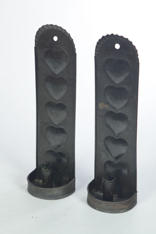 Appraisal: PAIR OF CANDLESCONCES American th century tin Crimped edges and