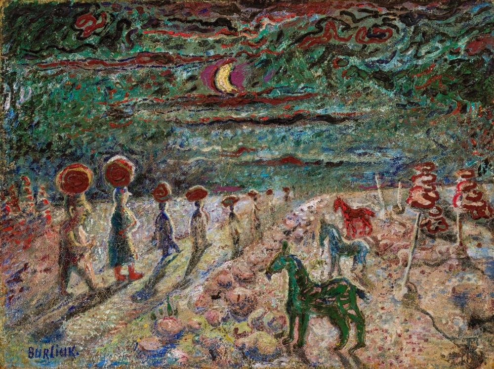 Appraisal: DAVID BURLIUK Ukrainian - Evening Procession oil on canvas signed