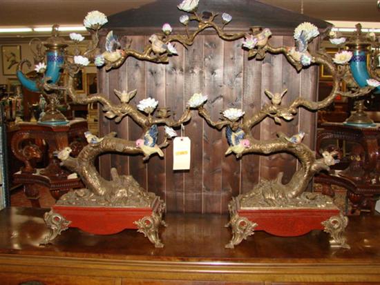 Appraisal: Pair gilt metal and porcelain candelabra tree branch form supporting