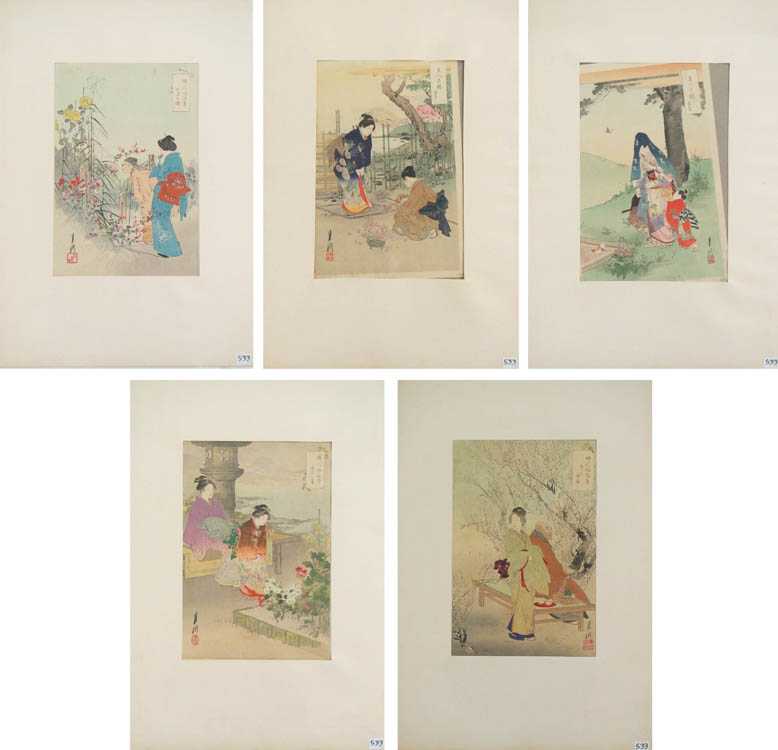 Appraisal: OGATA GEKKO FIVE WOODCUTS Japan - Various garden scenes Signed