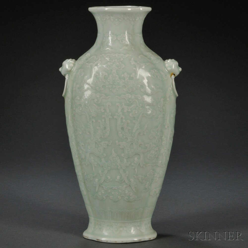 Appraisal: Celadon Vase China quatrefoil baluster form molded with chilong bats