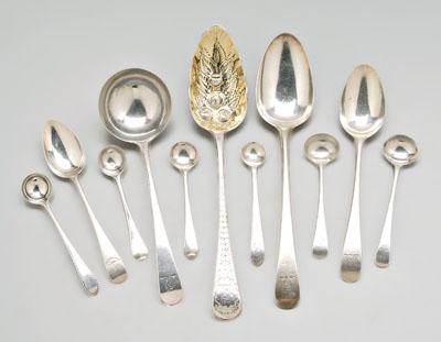 Appraisal: English silver spoons ladles knife oval handles most downturned tipt