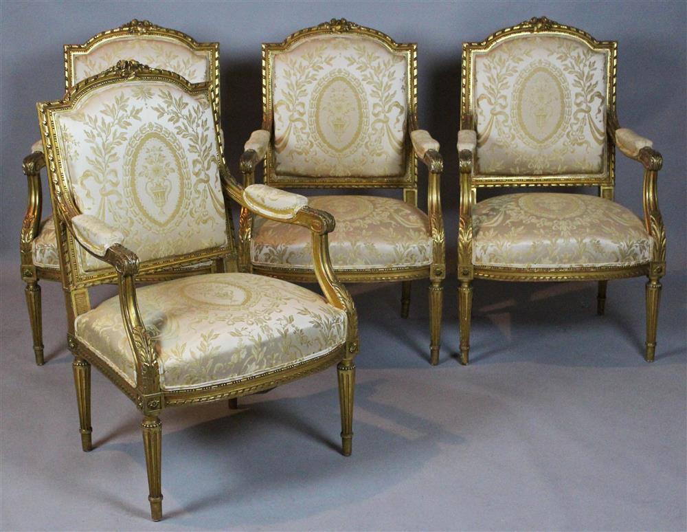 Appraisal: FIVE PIECE SUITE OF LOUIS XVI STYLE GILTWOOD FURNITURE comprising