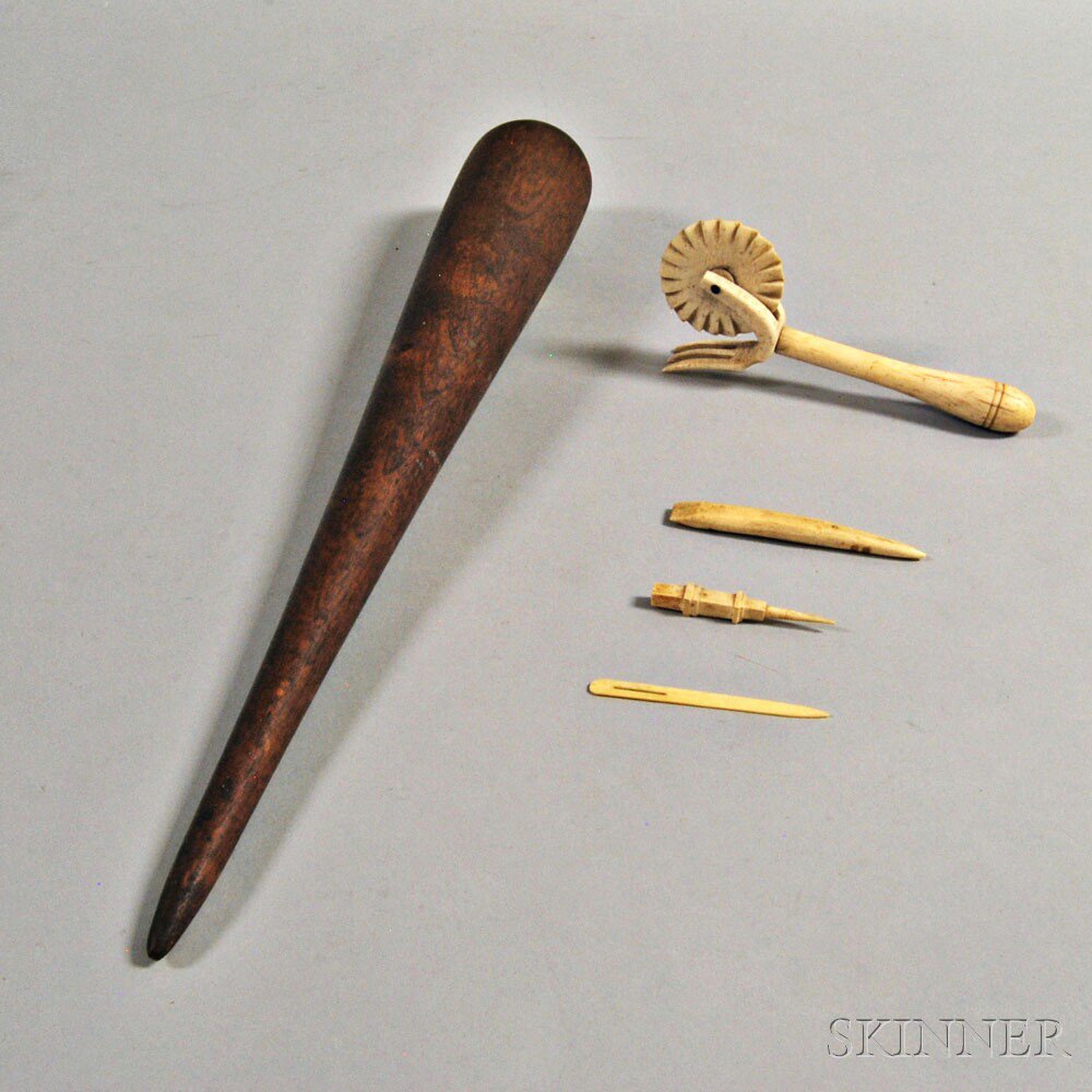 Appraisal: Carved Bone Jagging Wheel Three Sewing Implements and a Maple