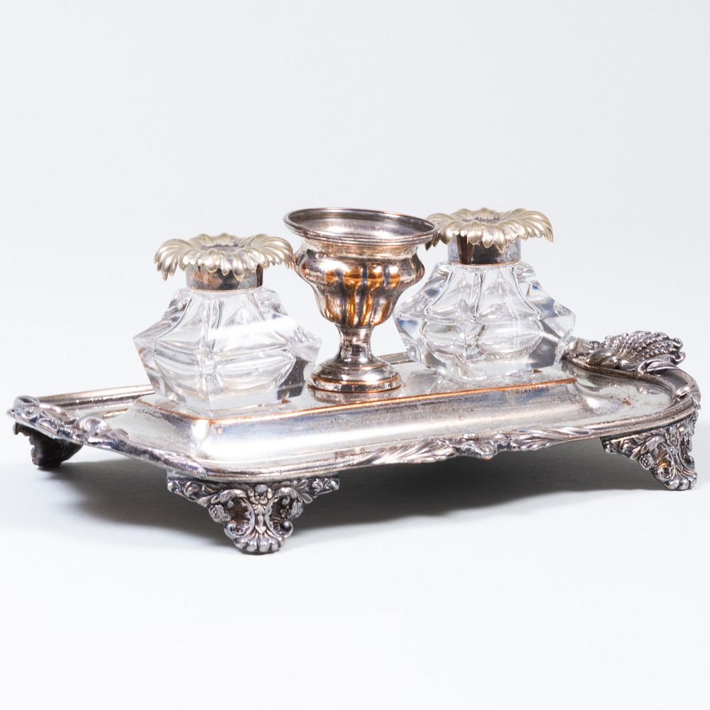 Appraisal: William IV Sheffield-Plated Inkstand Comprising two cut glass inkwells and