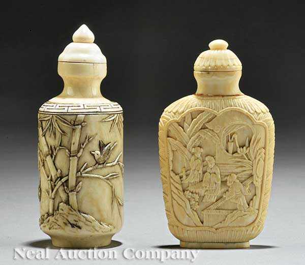 Appraisal: Two Chinese Carved Ivory Snuff Bottles the first cylinder form