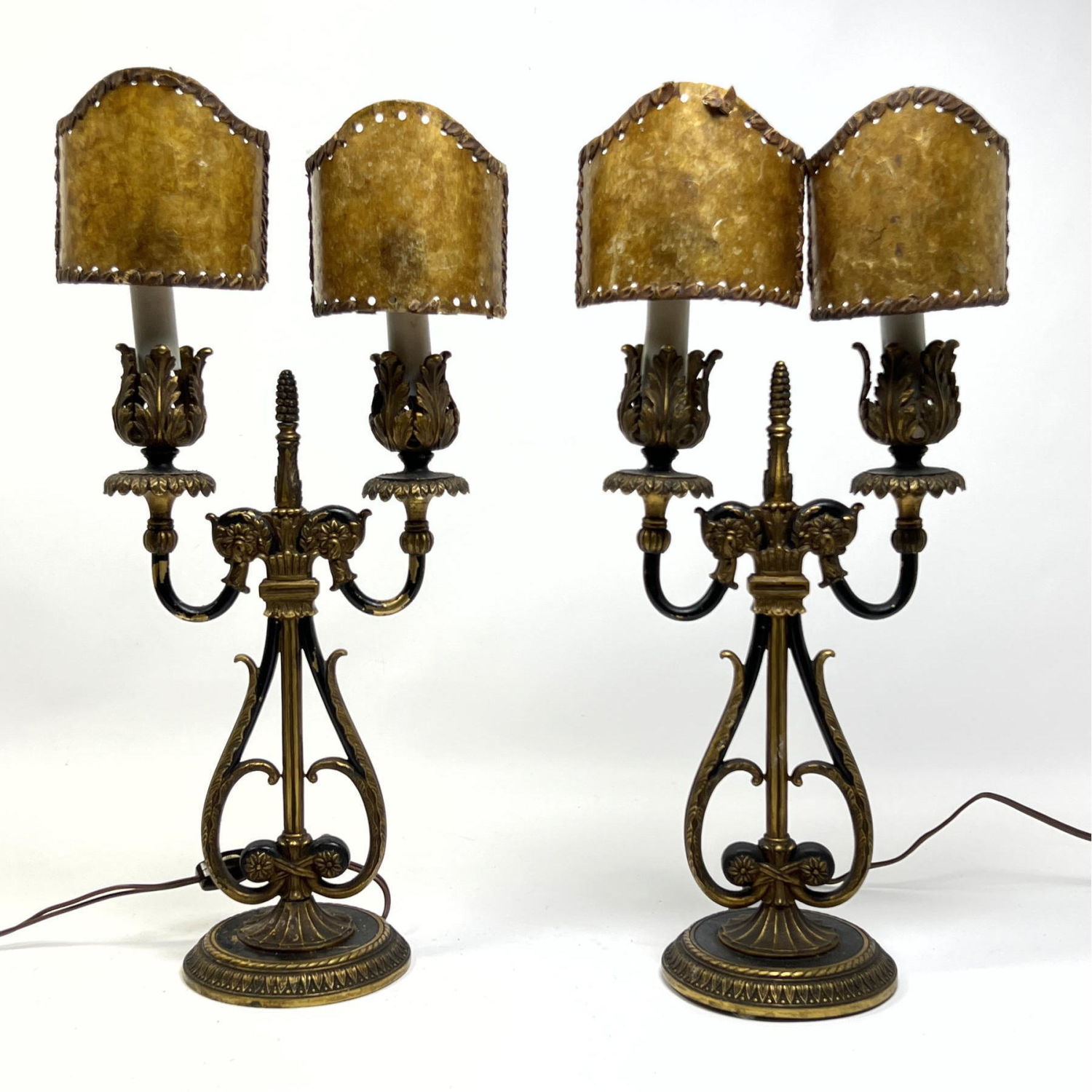 Appraisal: Pr Antique Mica Shade Two Arm Table Lamps Decorative painted