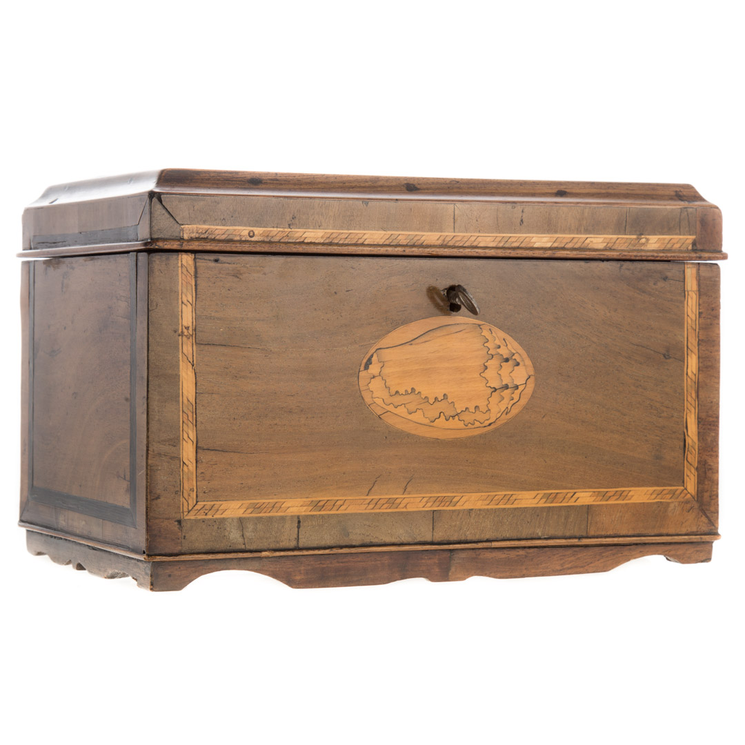 Appraisal: George III inlaid pecan wood tea caddy circa with shell