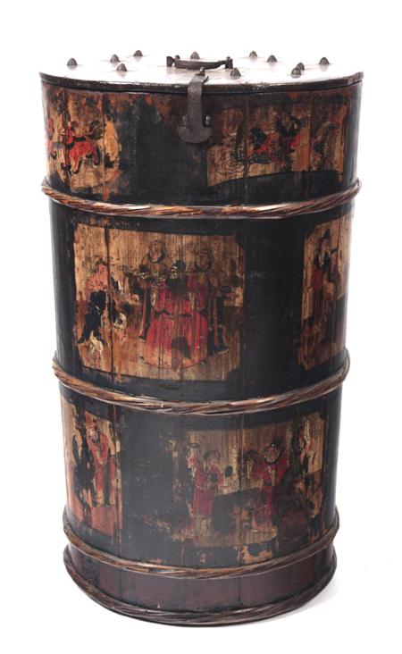 Appraisal: A Chinese painted wood wedding chest of tapering cylindrical form