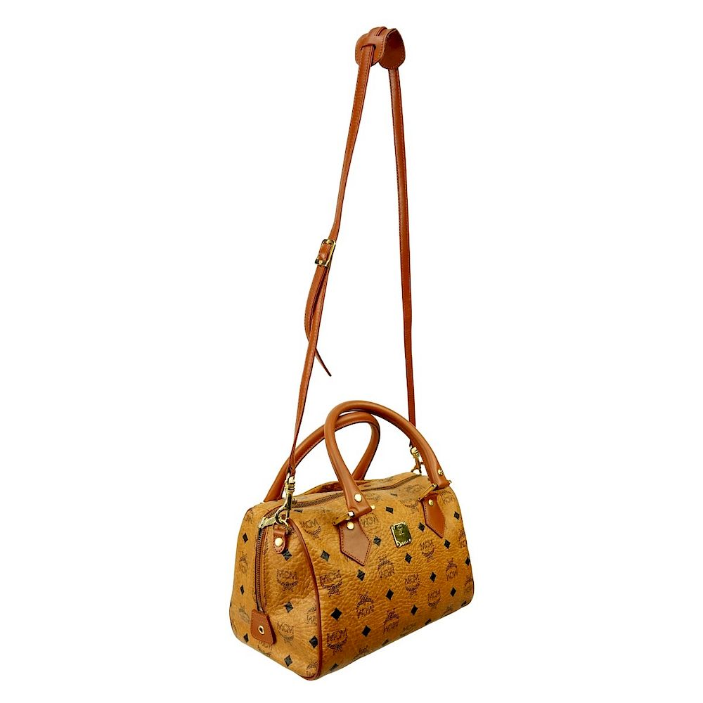 Appraisal: MCM Cognac Visetos Canvas Boston Bandouliere Bag MCM Cognac Visetos