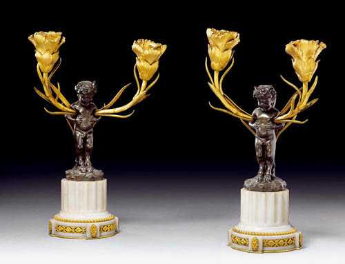 Appraisal: PAIR OF CANDELABRAS AU FAUNE late Louis XVI signed THIEBAUT