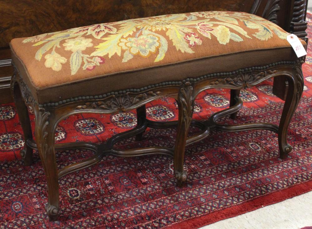 Appraisal: LOUIS XV STYLE NEEDLEPOINT BENCH American early th century rectangular