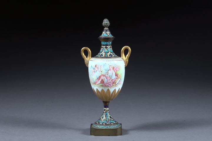 Appraisal: French Cloisonne Enamel-Mounted Porcelain Covered Two-Handled Garniture Vase fourth quarter