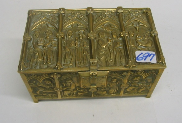 Appraisal: A GILT BRONZE INKWELL CASKET having panels of figures on