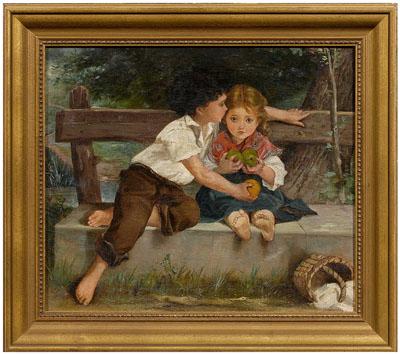 Appraisal: Victorian genre painting young boy offering a young girl an