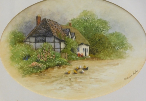 Appraisal: Christopher Hughes b Hens before cottage watercolour signed verso cm