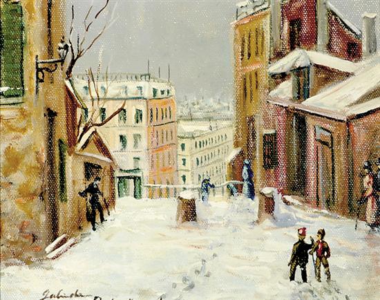 Appraisal: French school th century MONTMARTRE STREET SCENE IN SNOWoil on