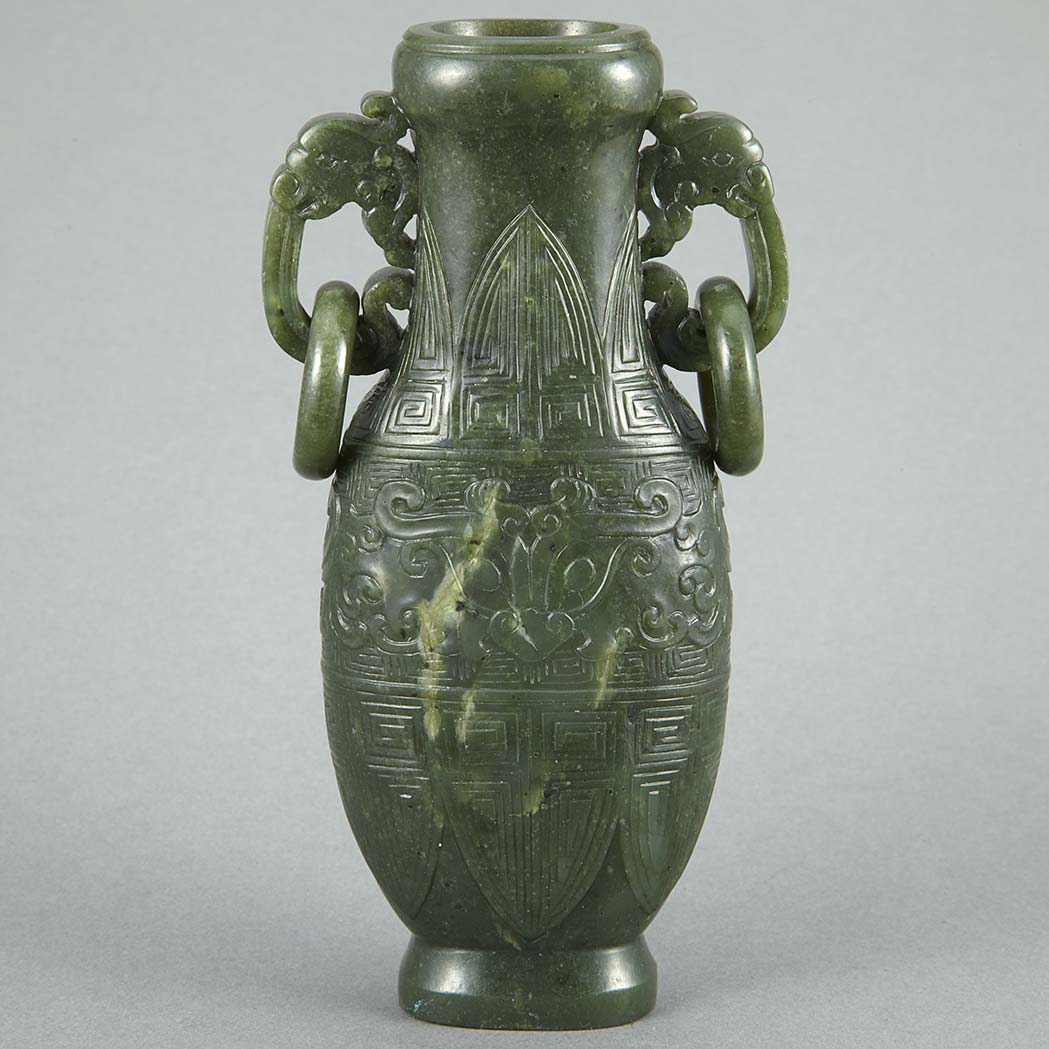 Appraisal: Chinese Spinach Green Jade Vase th Century Of elongated form