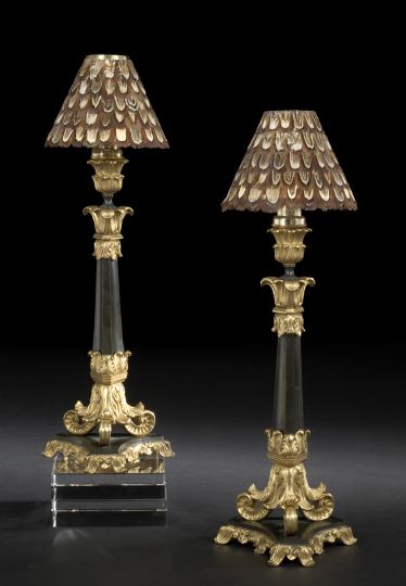 Appraisal: Stylish Pair of French Paint-Decorated Brass Candlesticks in the Louis-Philippe