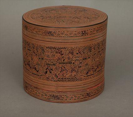 Appraisal: Two Thai Red and Black Lacquer Cylindrical Boxes Larger box