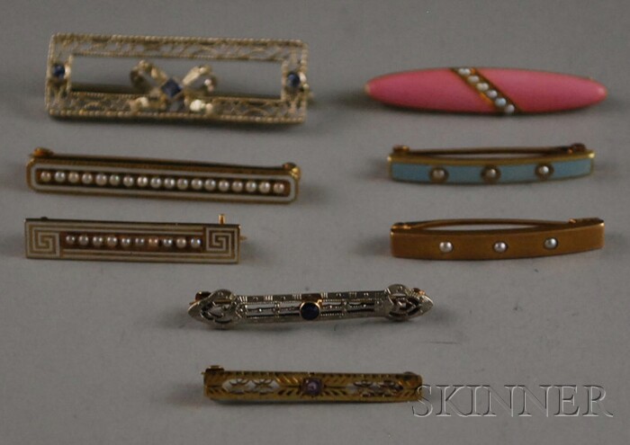 Appraisal: Eight Antique kt Gold Bar and Lingerie Pins including gem-set