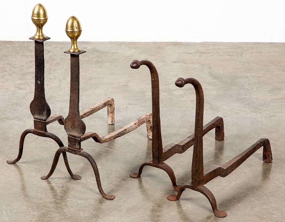 Appraisal: Two pairs of wrought iron andirons Two pairs of wrought