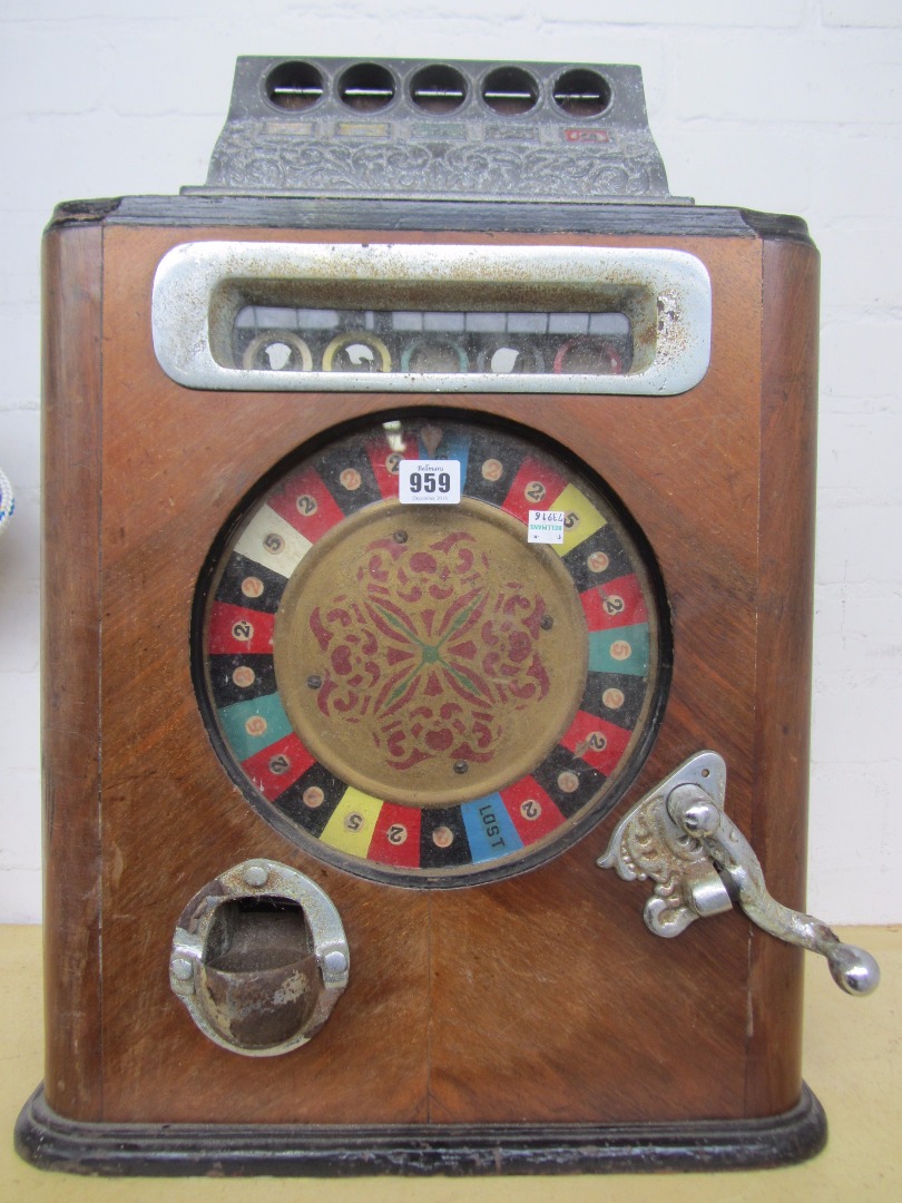 Appraisal: An early th century penny slot roulette gaming machine mahogany