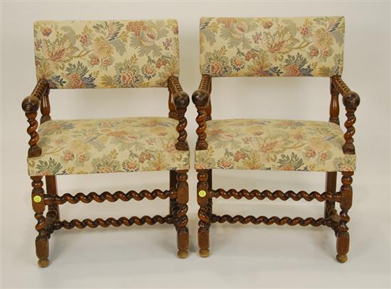 Appraisal: PAIR OF CONTINENTAL WALNUT BARLEY TWIST UPHOLSTERED ARM CHAIRS Condition