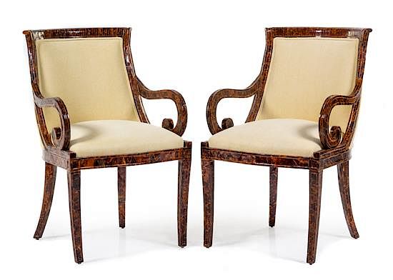 Appraisal: A Pair of Regency Style Tortoise Shell Veneered Armchairs Height