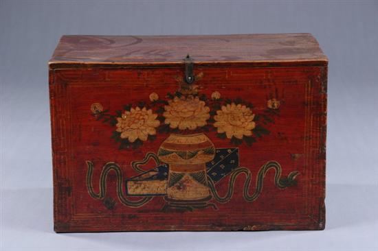 Appraisal: MONGOLIAN POLYCHROME WALNUT TRUNK th century Floral decoration - in