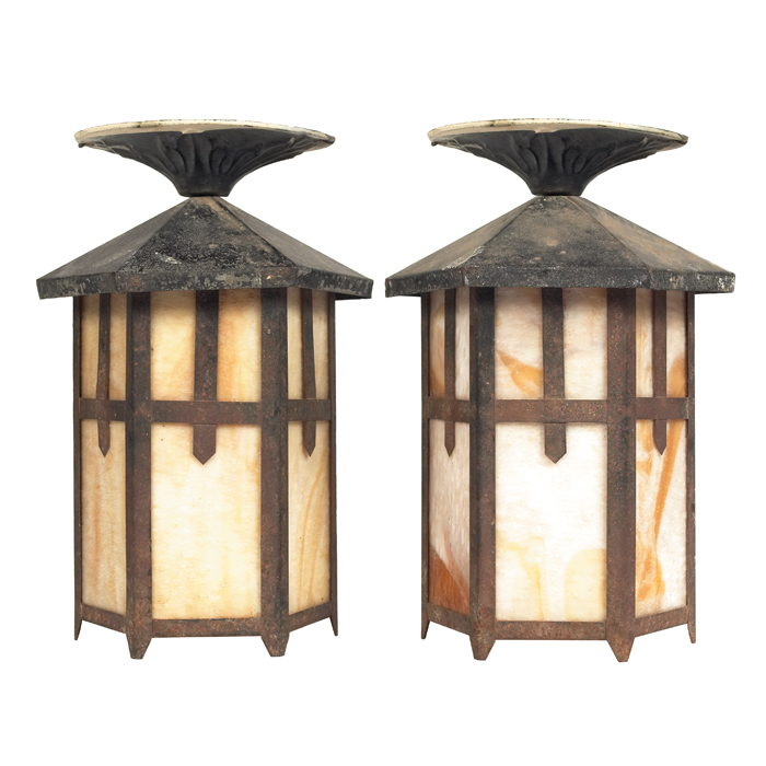 Appraisal: Arts and Crafts exterior sconces pair six-sided form with caramel