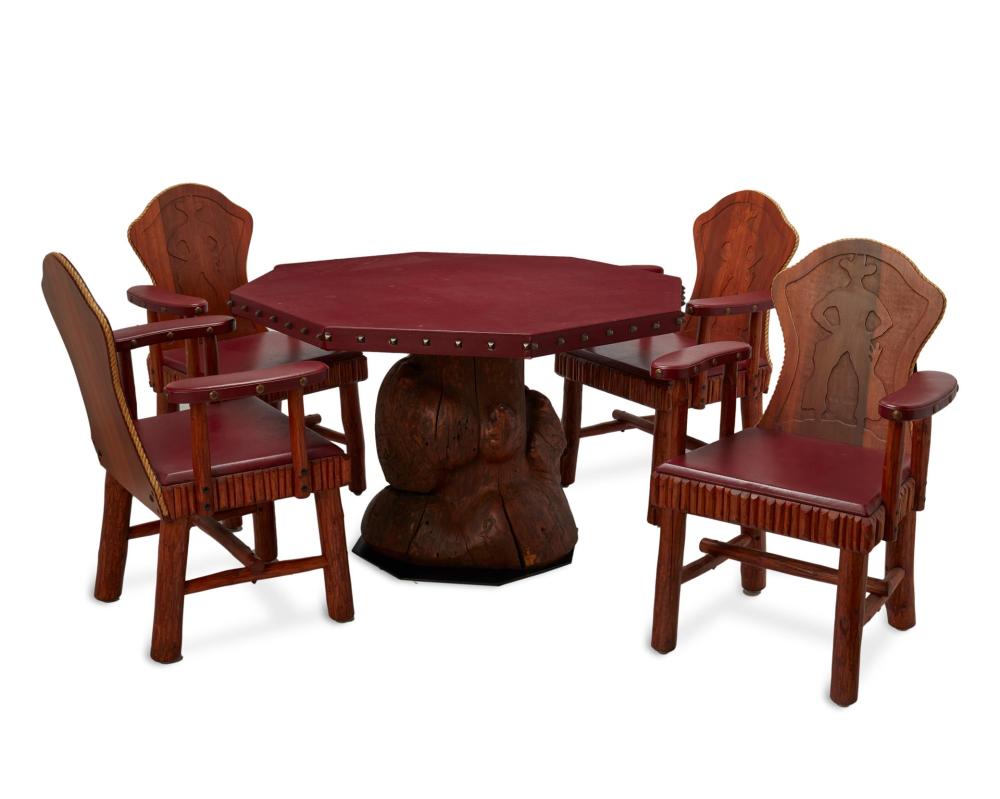 Appraisal: A New West Molesworth-style burl poker table and set chairs