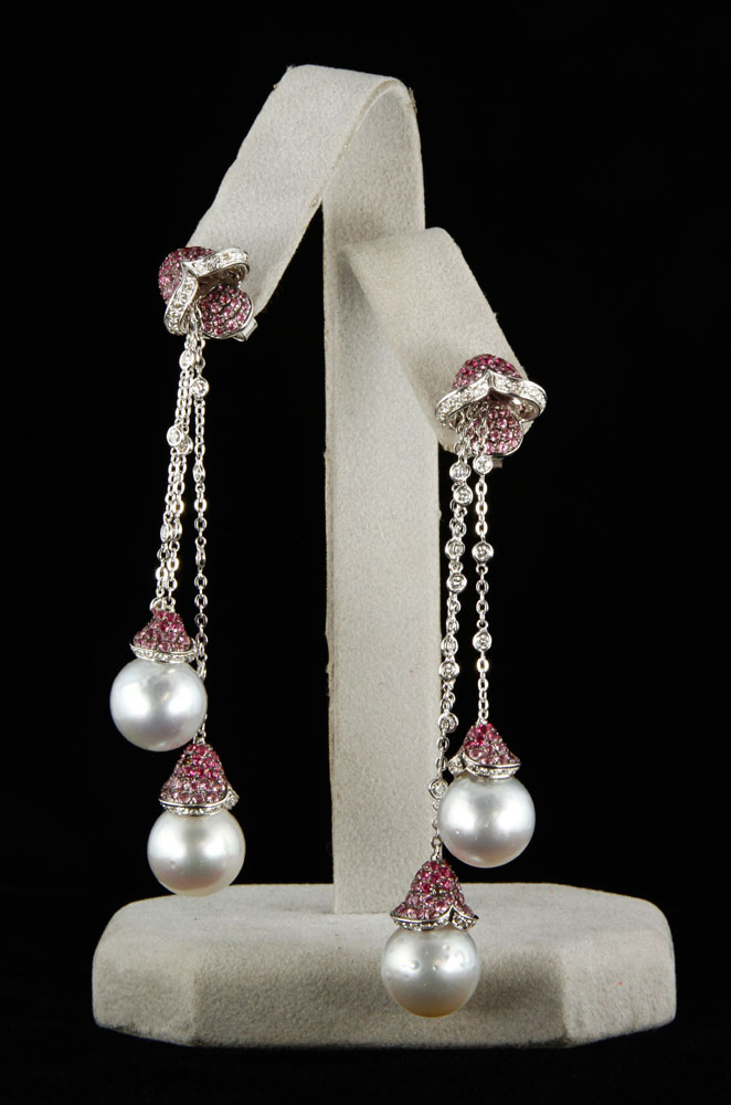 Appraisal: - Pr K Gold Pink Sapphire and Pearl Earrings Pair