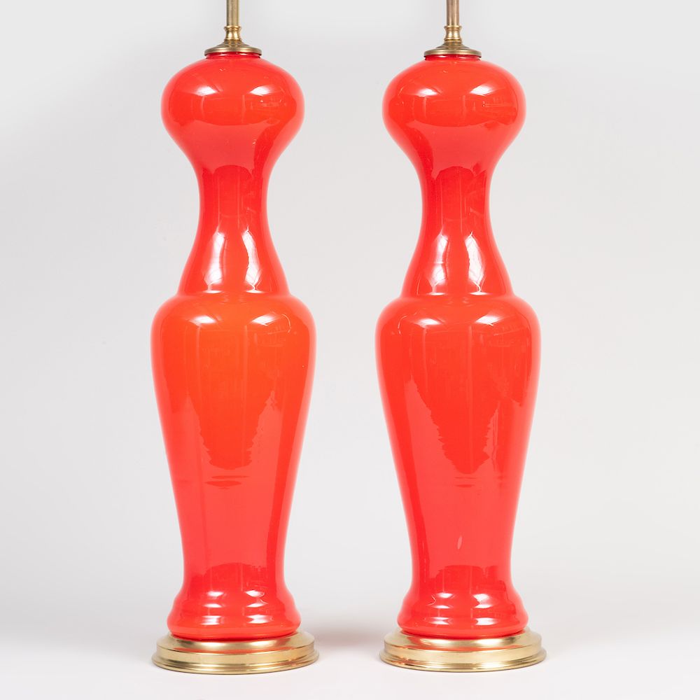 Appraisal: Pair of Red Murano Glass Lamps x in diam Condition