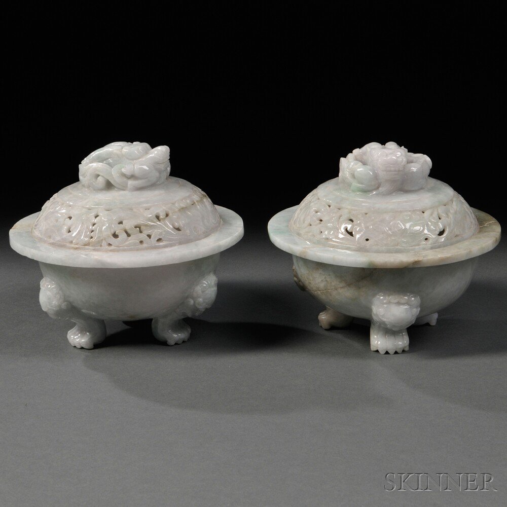 Appraisal: Pair of Jadeite Censers China th century each pressed globular-shape