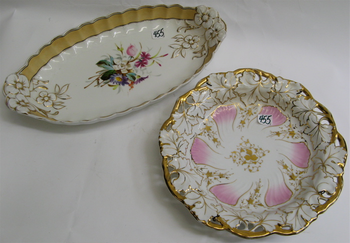 Appraisal: TWO EUROPEAN GOLD AND FLORAL DECORATED BOWLS One an oblong