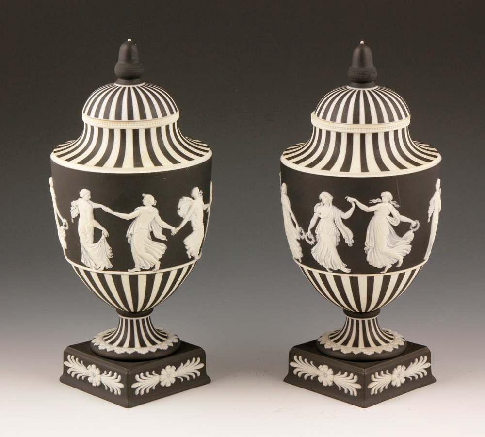 Appraisal: - Pair of Wedgwood Black Jasperware Covered Urns Pair of