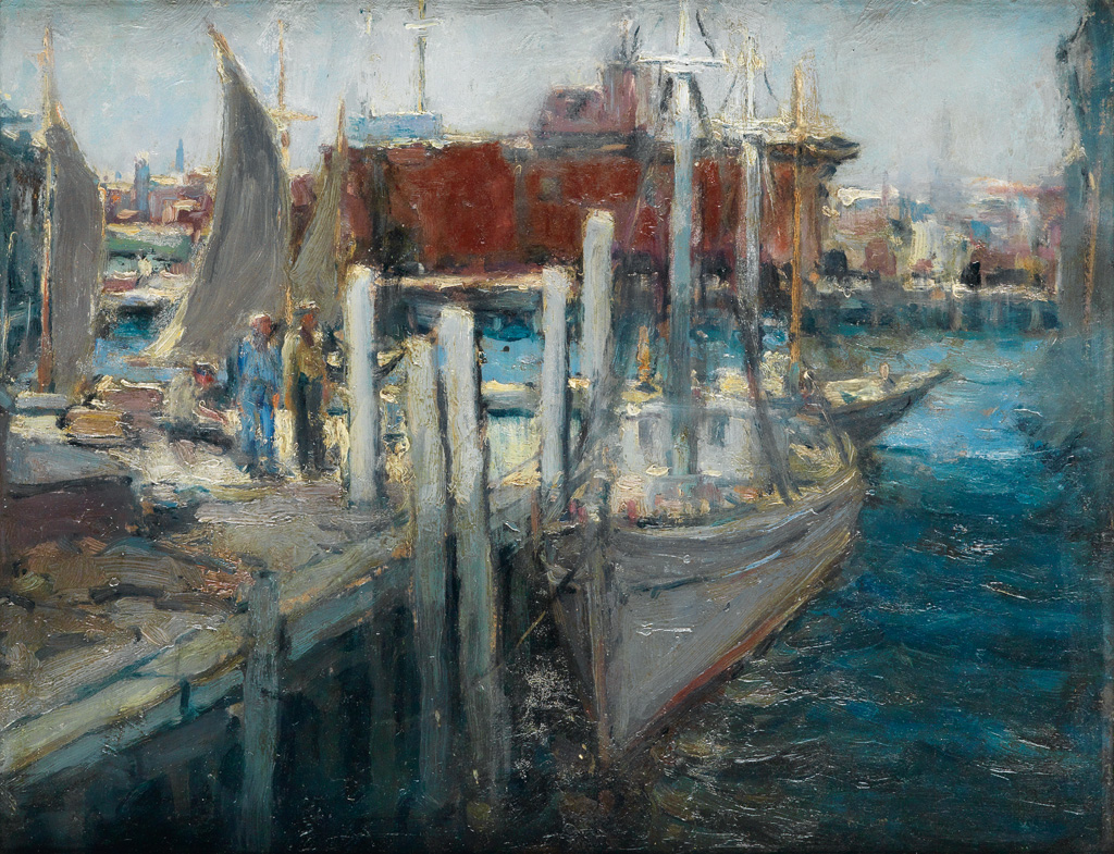 Appraisal: WALTER FARNDON Harbor Scene Oil on artist's board circa x