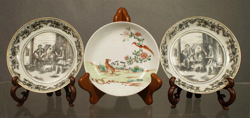 Appraisal: Chinese Export porcelain saucers with black enameled scenes depicting men