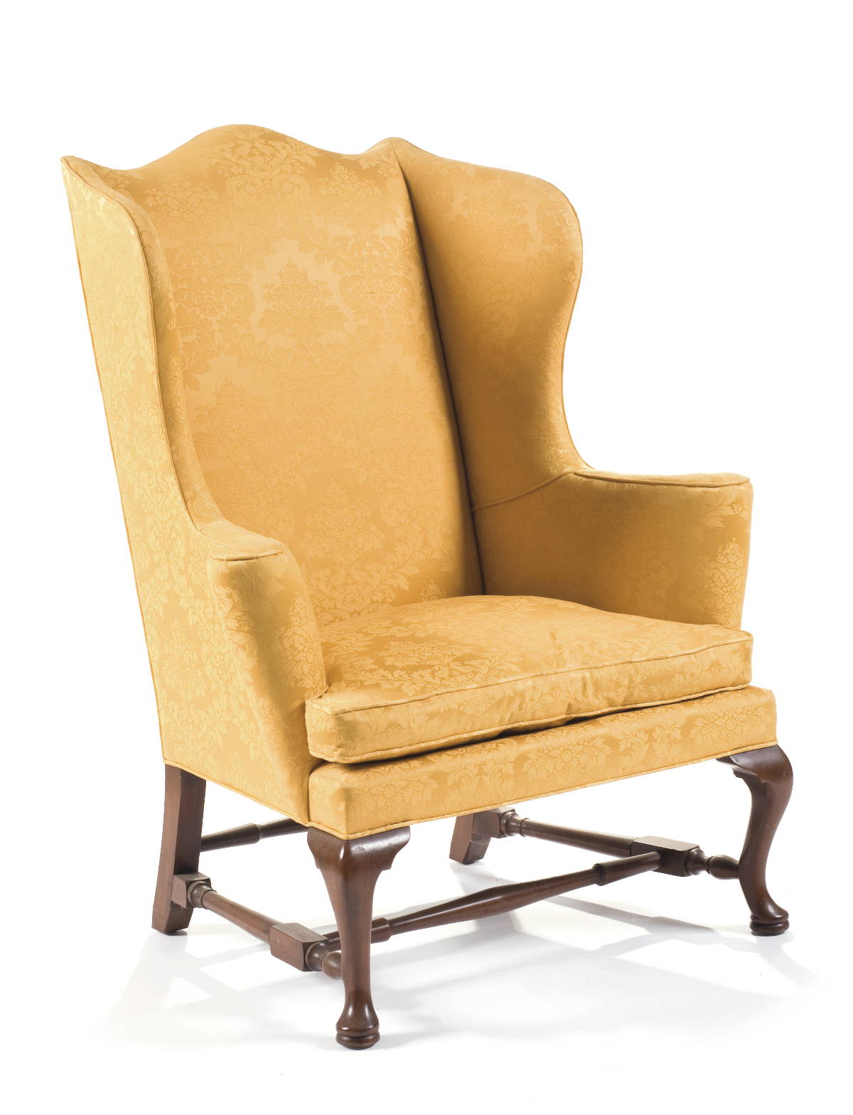 Appraisal: QUEEN ANNE STYLE MAHOGANY WING CHAIR IN YELLOW DAMASK UPHOLSTERY