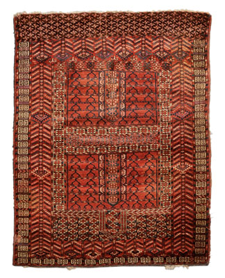 Appraisal: Teke Turkmen Rug four rectangular panels with serrated diagonal borders