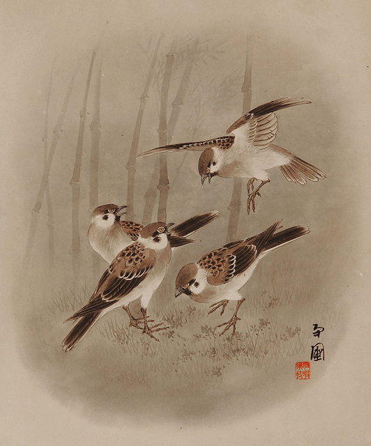 Appraisal: A PAIR OF JAPANESE WATERCOLOUR ALBUM STUDIES tree sparrows mallard