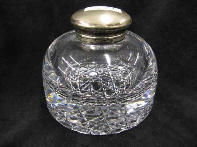 Appraisal: Cut Glass Inkwell classic form cane cut base silverplate hinged