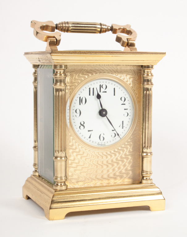 Appraisal: French brass and beveled glass carriage clock late th century