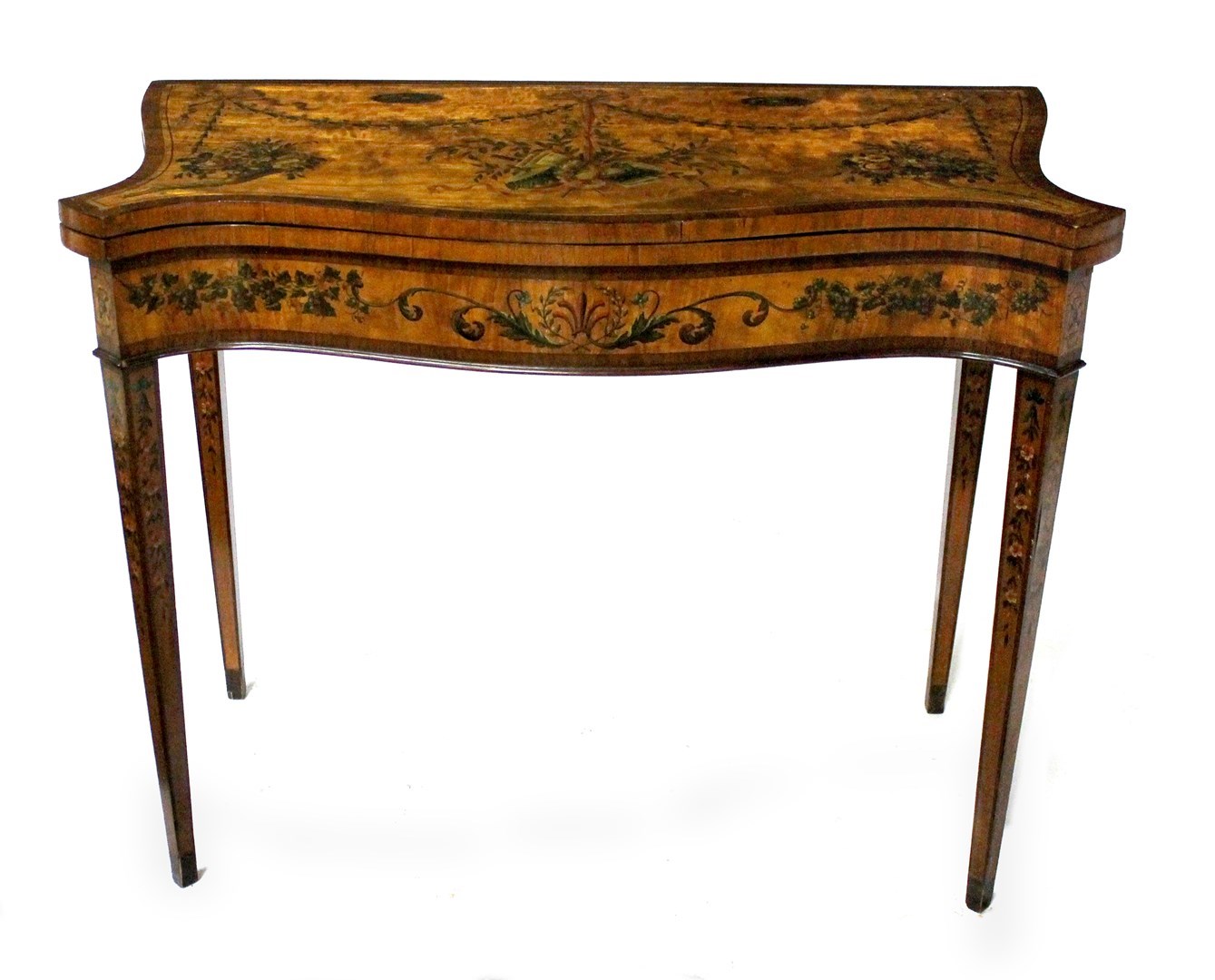 Appraisal: A George III painted satinwood serpentine card table on tapering