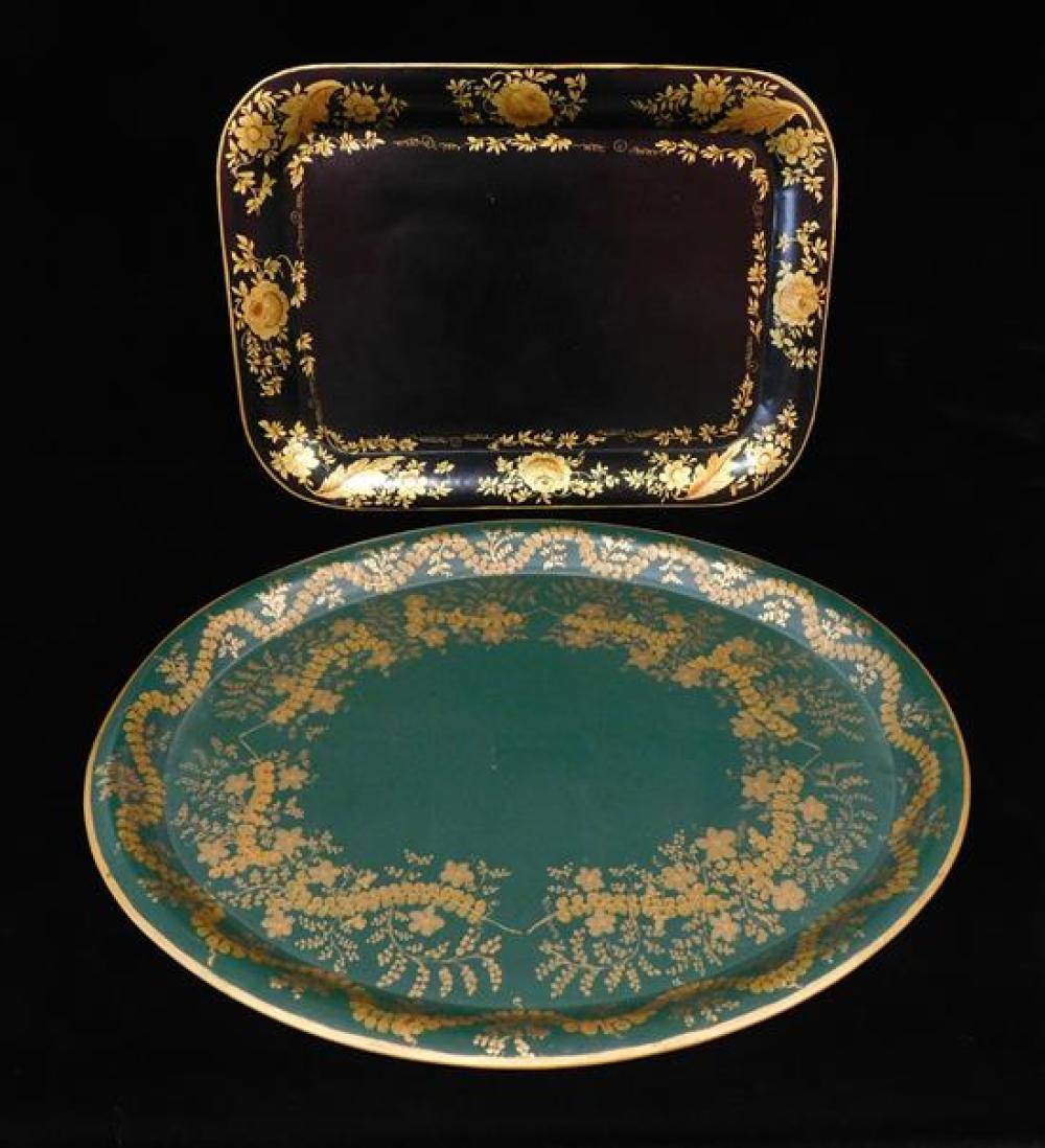 Appraisal: Two American hand-painted tole decorated trays with gold-colored scrolling floral